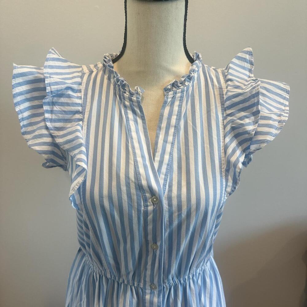 Blue and white striped button up shirt dress